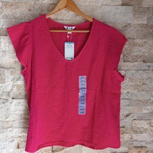 Three Dots Women's Double Gauze Cotton Top Fuchsia Relaxed Boxy T-Shirt Sz L